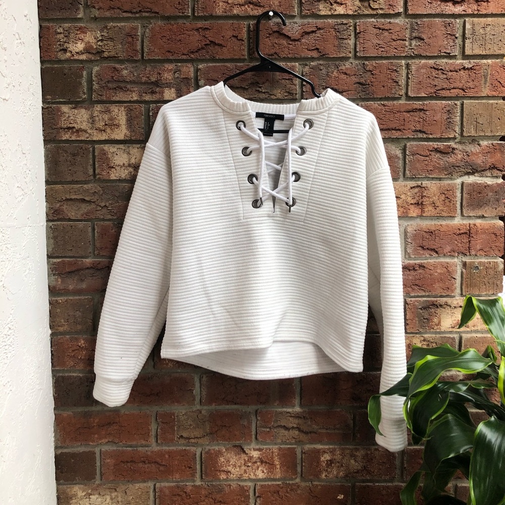 White Forever 21 Ribbed Pullover Lace Up Sweater